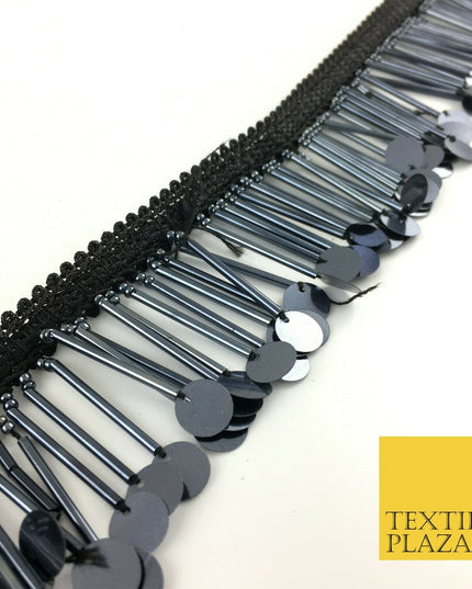 Graphite Sequin Glass Tube Fringe Tassel Drop Trim Ribbon Border Lace (X176)