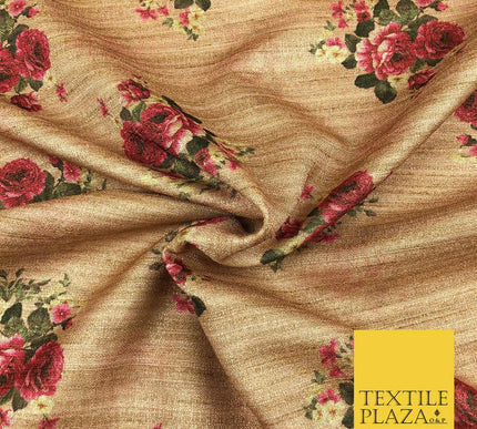 WARM STONE PINK Floral Digital Print Faux Raw Silk Fabric Dress Craft 1470