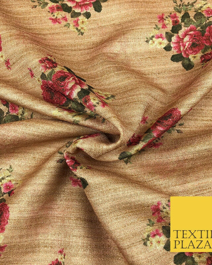 WARM STONE PINK Floral Digital Print Faux Raw Silk Fabric Dress Craft 1470