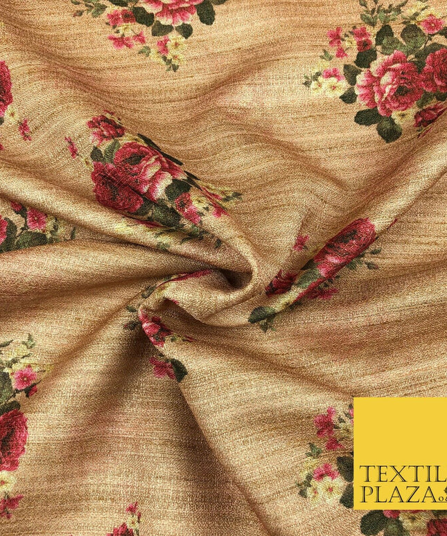 WARM STONE PINK Floral Digital Print Faux Raw Silk Fabric Dress Craft 1470
