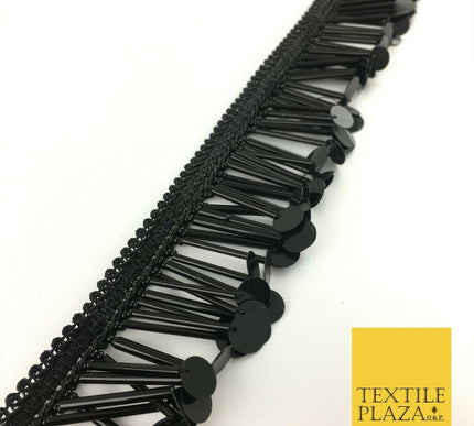 Black Sequin Glass Tube Fringe Tassel Drop Trim Ribbon Border Dance Lace (X179)