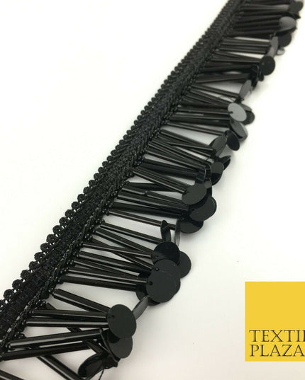 Black Sequin Glass Tube Fringe Tassel Drop Trim Ribbon Border Dance Lace (X179)