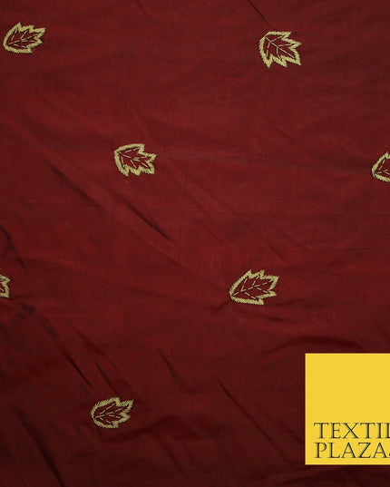 Maroon Red 100% Pure 2-Tone Silk Gold Zardozi Leaf Embroidery Indian Fabric 2522