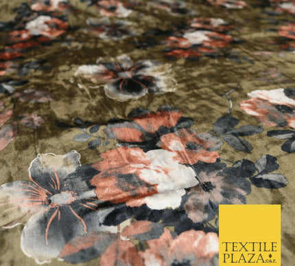 Khaki Green Brown Floral Blossom Printed Soft Velvet Dress Fabric Craft 1689