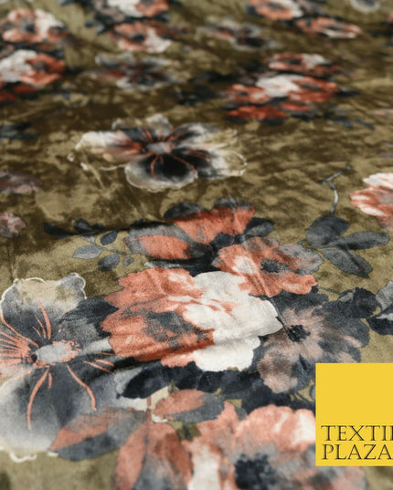 Khaki Green Brown Floral Blossom Printed Soft Velvet Dress Fabric Craft 1689