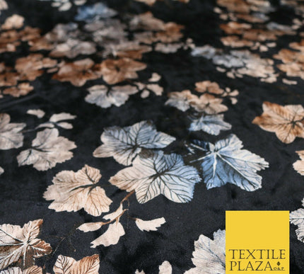 Black Oriental Leaves Printed Soft Velvet Dress Fabric Stretch Craft 1685