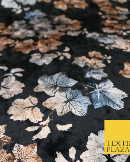 Black Oriental Leaves Printed Soft Velvet Dress Fabric Stretch Craft 1685