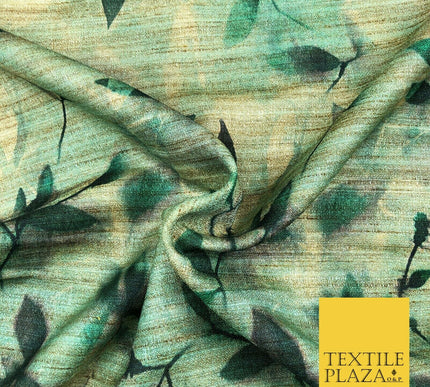 GREEN Shaded Floral Leaves Digital Print Faux Raw Silk Fabric Dress Craft 1466