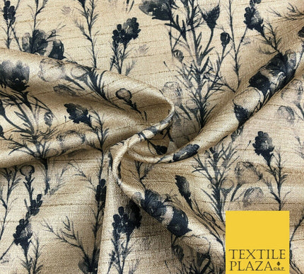 STONE BLACK Watercolour Floral Digital Print Faux Raw Silk Fabric DressCraft1464