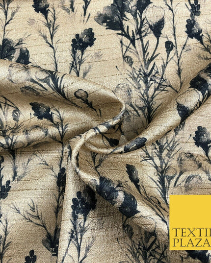 STONE BLACK Watercolour Floral Digital Print Faux Raw Silk Fabric DressCraft1464