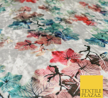 White Ivory Oriental Leaves Printed Soft Velvet Dress Fabric Stretch Craft 1683