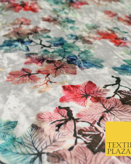 White Ivory Oriental Leaves Printed Soft Velvet Dress Fabric Stretch Craft 1683