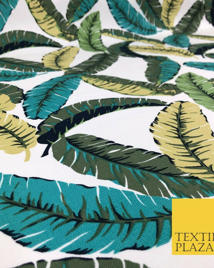 Green Botanical Leaves 100% COTTON CANVAS White Print Fabric Craft 1400