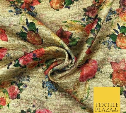 LIGHT GOLD Coloured Floral Digital Print Faux Raw Silk Fabric - Dress Craft 1462