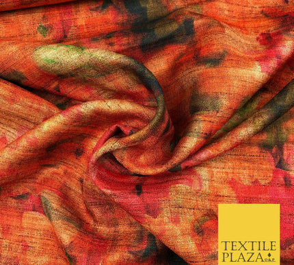 ORANGE Floral Blur Shades Digital Print Faux Raw Silk Fabric Dress Craft 1472