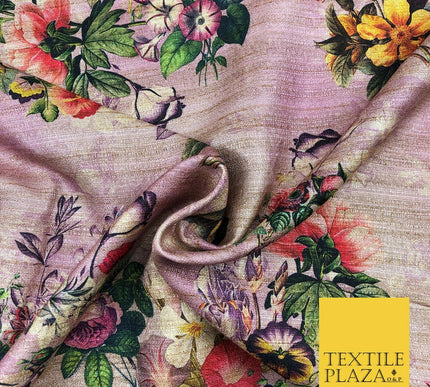 LILAC Garden Mix Floral Digital Print Faux Raw Silk Fabric Dress Craft 1468