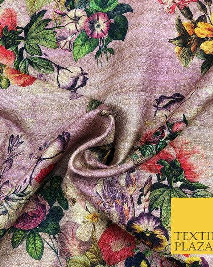 LILAC Garden Mix Floral Digital Print Faux Raw Silk Fabric Dress Craft 1468