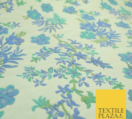 Cream Blue Floral Botanic Embossed Textured Brocade Jacquard Dress Fabric 1877