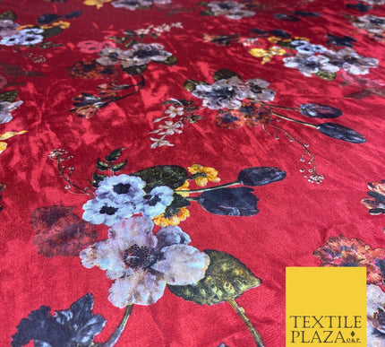 Cherry Red Floral Colour Bouquets Printed Soft Velvet Dress Fabric Craft 1692