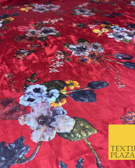 Cherry Red Floral Colour Bouquets Printed Soft Velvet Dress Fabric Craft 1692