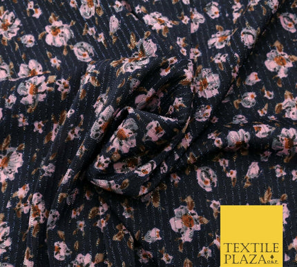 NAVY BLUE PINK Floral Ribbed Sparkle Stripe Dress Fabric Skirts 59" 1482