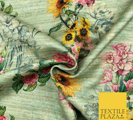 MINT GREEN Sunflower Mix Digital Print Faux Raw Silk Fabric Dress Craft 1467