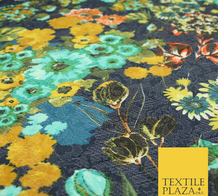 Luxury Navy Blue Flower Garden Stretch Floral Jacquard Dress Fabric 1879