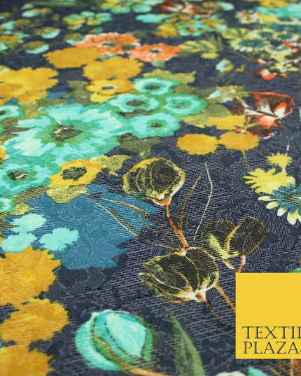 Luxury Navy Blue Flower Garden Stretch Floral Jacquard Dress Fabric 1879