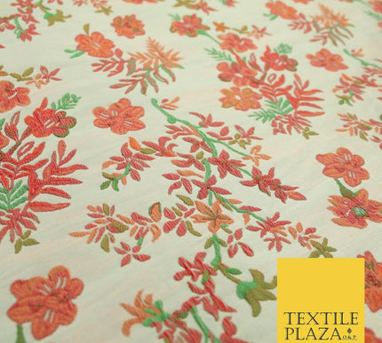 Cream Pink Floral Botanic Embossed Textured Brocade Jacquard Dress Fabric 1878