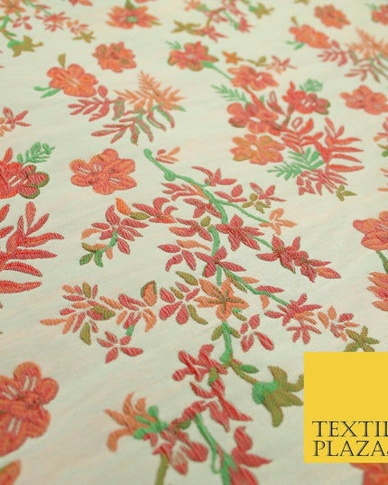 Cream Pink Floral Botanic Embossed Textured Brocade Jacquard Dress Fabric 1878