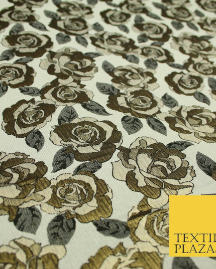 Luxury Ivory Metallic Gold Carnation Textured Brocade Jacquard Dress Fabric 1876
