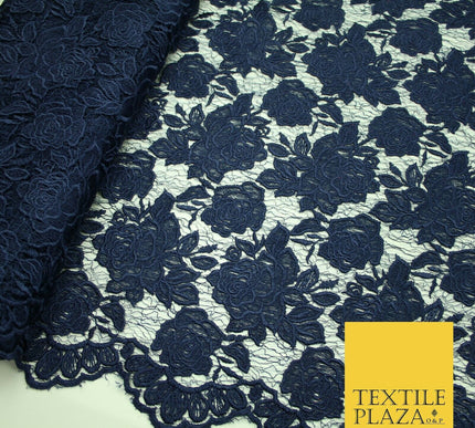 Ornate Floral Rose Scalloped Embroidered Webbed Net Lace Dress Fabric Wedding