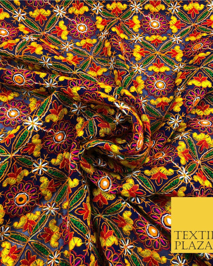 Navy Phulkari Georgette Fancy Colourful Threadwork Diamond Pattern Dress JE314