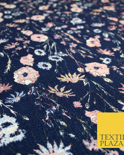 Navy Blue Floral Lurex Metallic Brocade Jacquard Strong Dress Fabric 1885