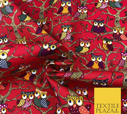 Cherry Red Tree Owls 100% COTTON CANVAS Print Fabric Craft Upholstery 1402