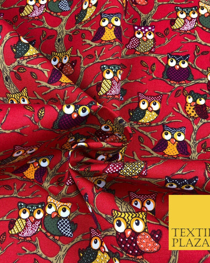 Cherry Red Tree Owls 100% COTTON CANVAS Print Fabric Craft Upholstery 1402