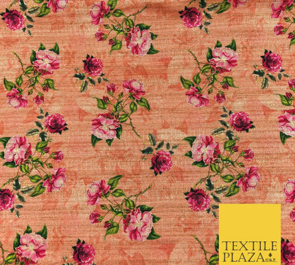 PEACH Floral Rose Digital Print Faux Raw Silk Fabric - Dress Craft 1459