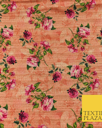 PEACH Floral Rose Digital Print Faux Raw Silk Fabric - Dress Craft 1459