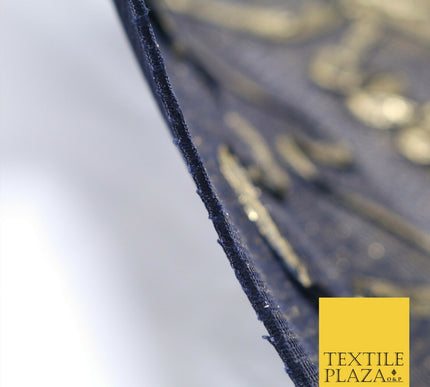 NAVY BLUE GOLD Floral Metallic Ribbon Sponge Net Fabric Scuba Craft Mesh 1474