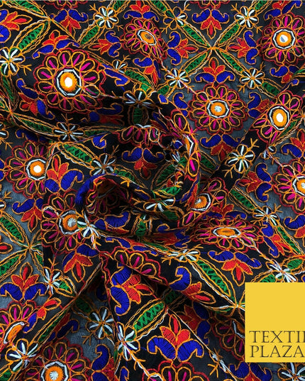 Black Phulkari Georgette Fancy Colourful Threadwork Diamond Pattern Dress JE313