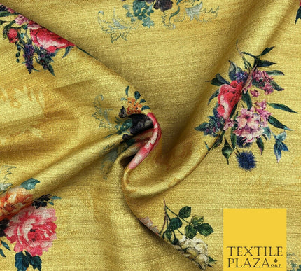 MUSTARD GOLD Floral Cluster Digital Print Faux Raw Silk Fabric Dress Craft 1465