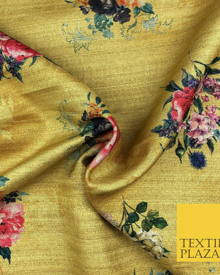 MUSTARD GOLD Floral Cluster Digital Print Faux Raw Silk Fabric Dress Craft 1465