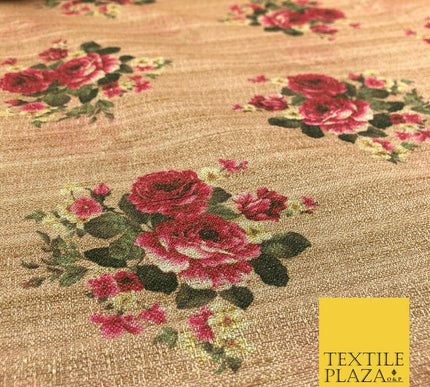 WARM STONE PINK Floral Digital Print Faux Raw Silk Fabric Dress Craft 1470