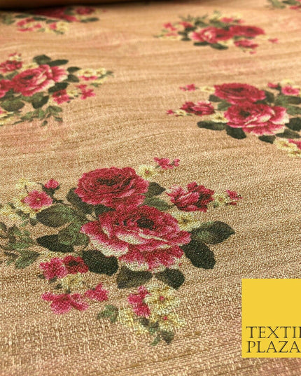 WARM STONE PINK Floral Digital Print Faux Raw Silk Fabric Dress Craft 1470