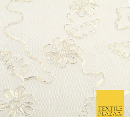 IVORY CREAM GOLD Floral Metallic Ribbon Sponge Net Fabric Scuba Craft Mesh 1475