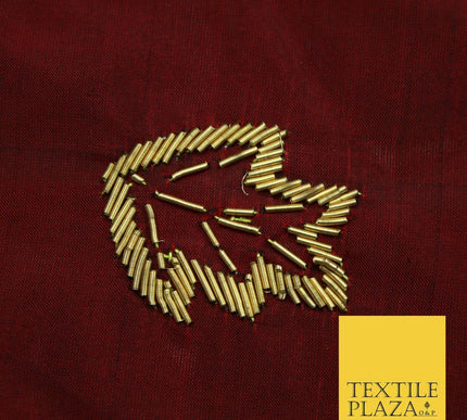 Maroon Red 100% Pure 2-Tone Silk Gold Zardozi Leaf Embroidery Indian Fabric 2522