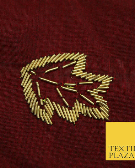 Maroon Red 100% Pure 2-Tone Silk Gold Zardozi Leaf Embroidery Indian Fabric 2522