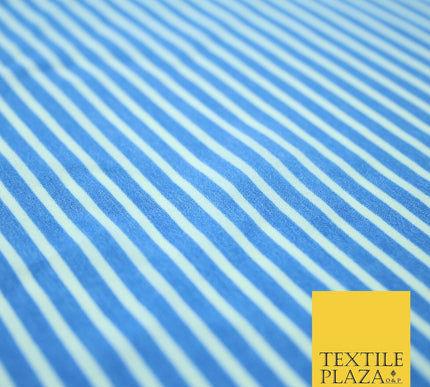 Denim Blue White Dusty Pink Striped Pinstripe Lines Polyester Crepe Dress Fabric