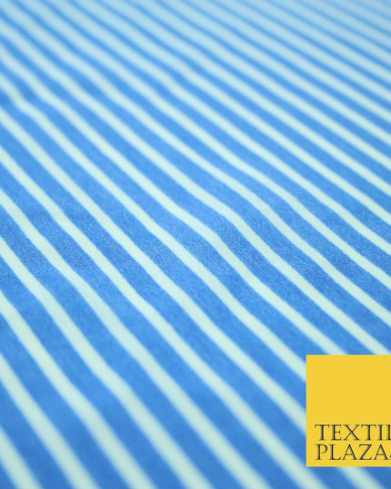 Denim Blue White Dusty Pink Striped Pinstripe Lines Polyester Crepe Dress Fabric