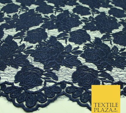 Ornate Floral Rose Scalloped Embroidered Webbed Net Lace Dress Fabric Wedding